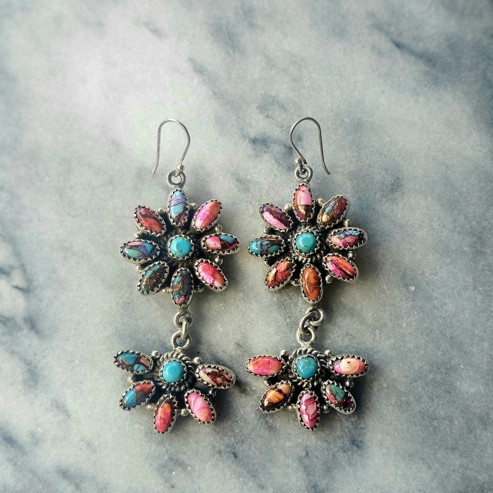 Floral Style Multicolor Copper Infused Stone Sterling Silver Dangle Earrings